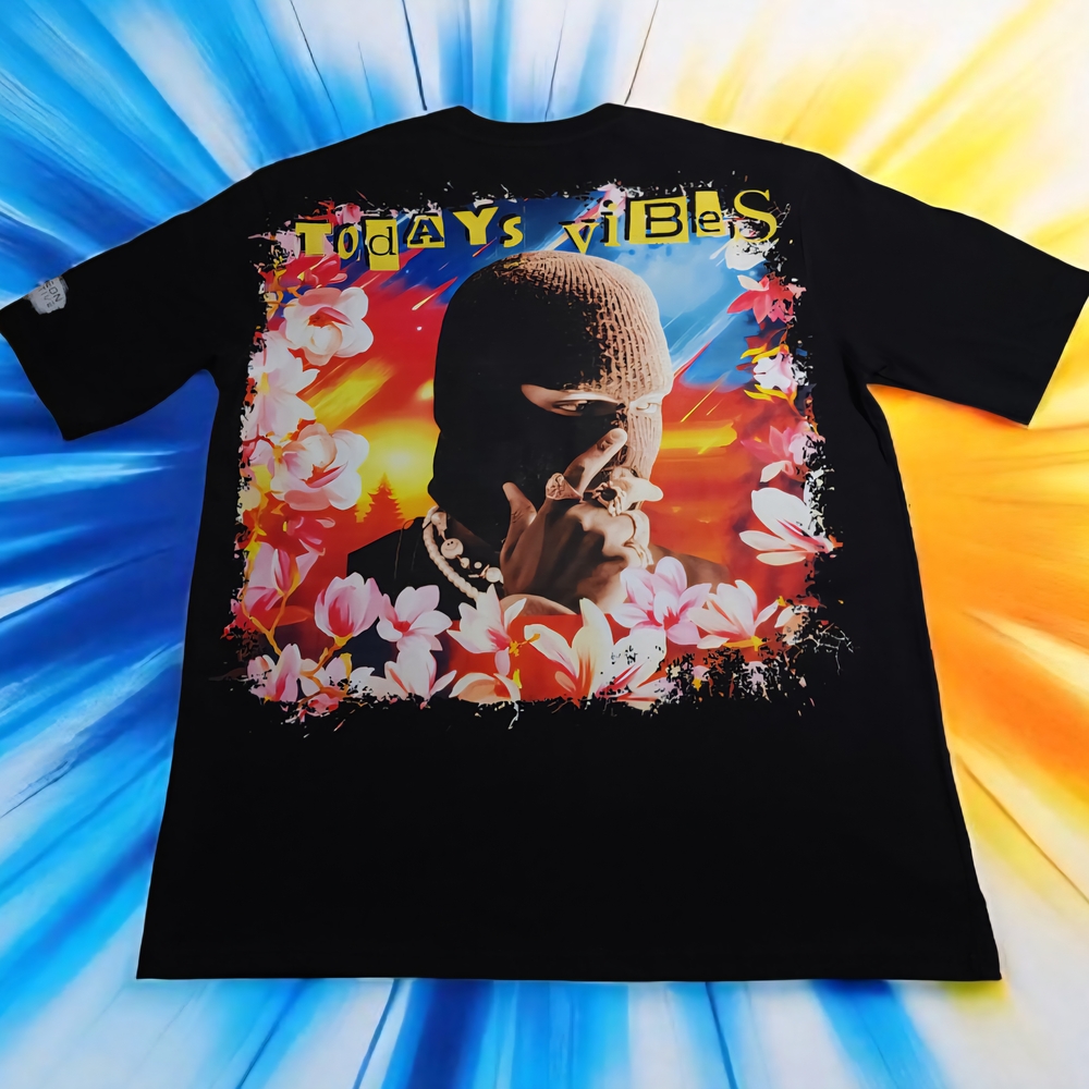 Pantheon Kollective Graphic Tee "Todays Vibes" with Floral and Masked Design